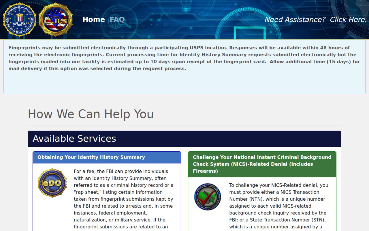 Smithfield criminal history self-review through the FBI identity history portal